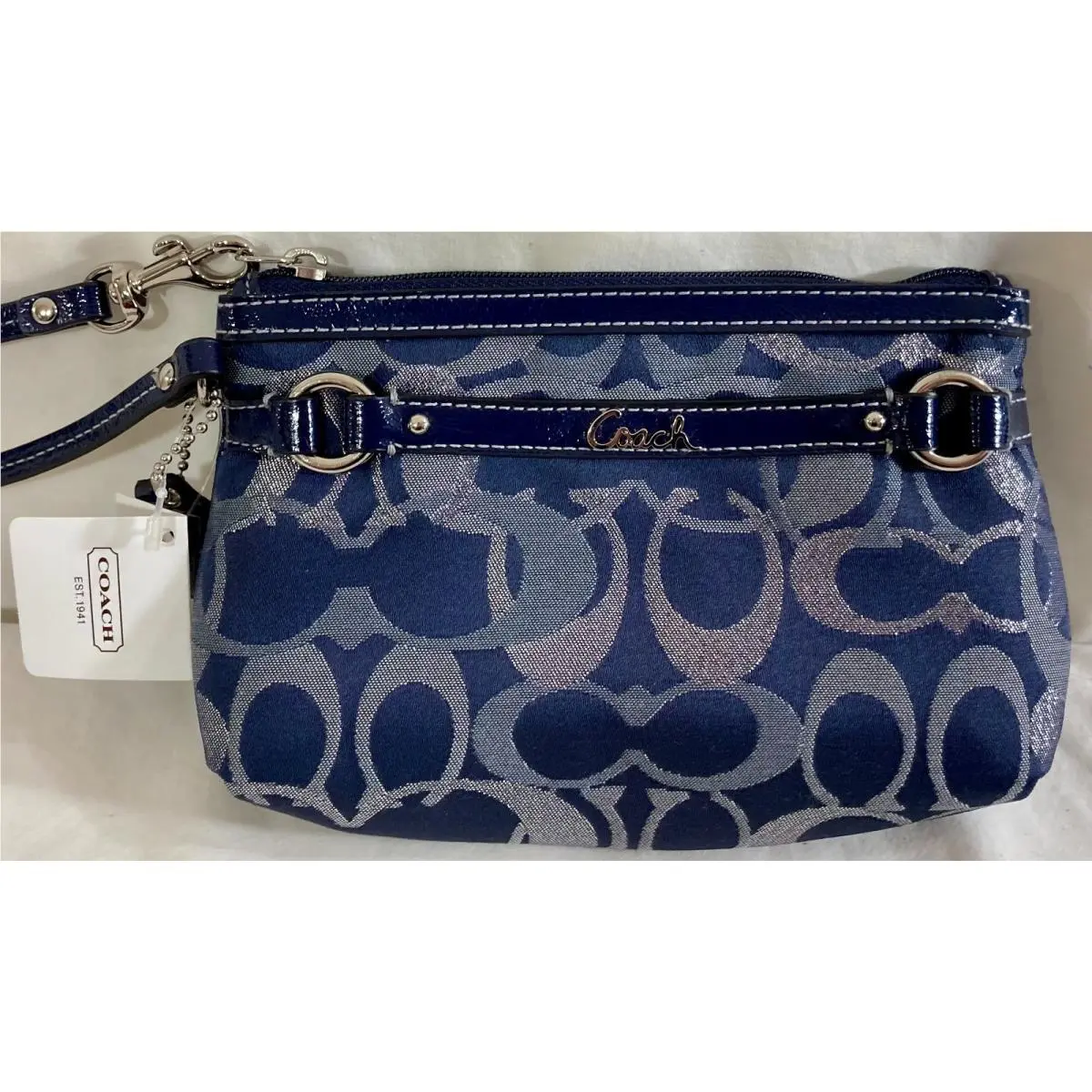 Coach Wristlet Wallet Clutch Silver Navy Signature