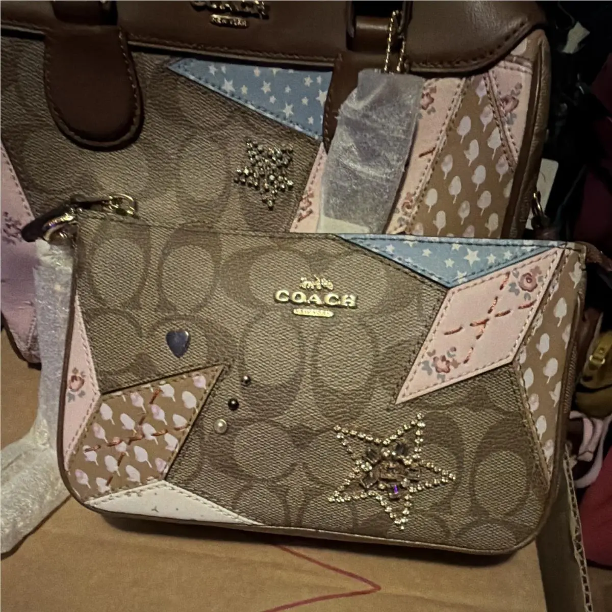 Coach Patchwork Star Heart Zip Wristlet Small Brown Pink Blue Rhinestones