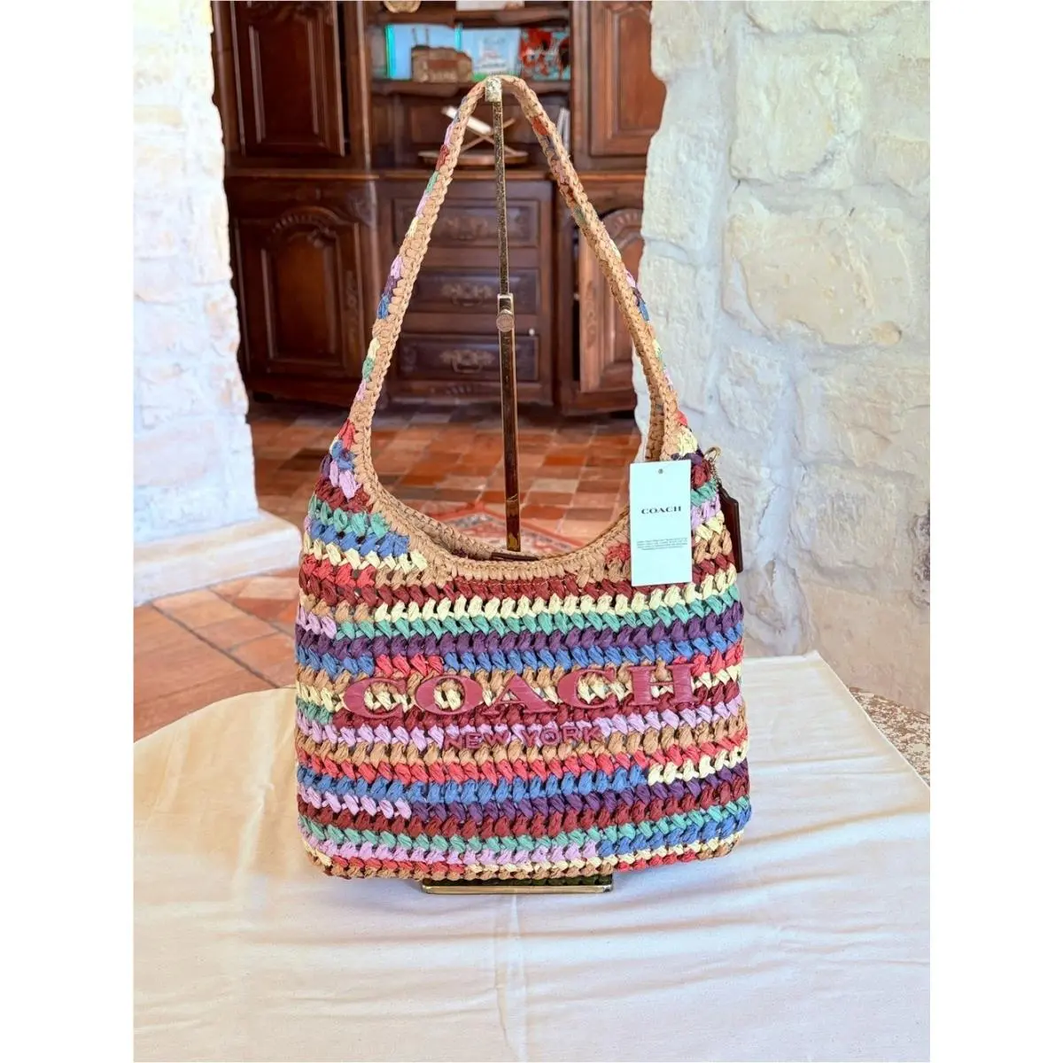 Coach Brooklyn 28 Stripe Straw Shoulder Bag Boho Summer Hobo CDZ39 Multi