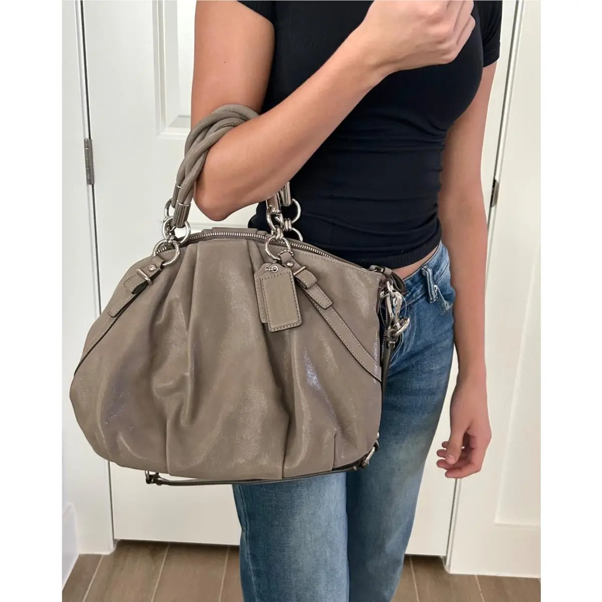 Coach Madison Pleated Leather Sophia Handbag In Slate Gray Shimmer