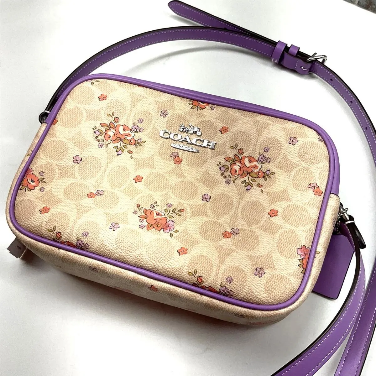Coach Signature Sand Lavender Floral Print Jamie Crossbody Mini/camera Bag