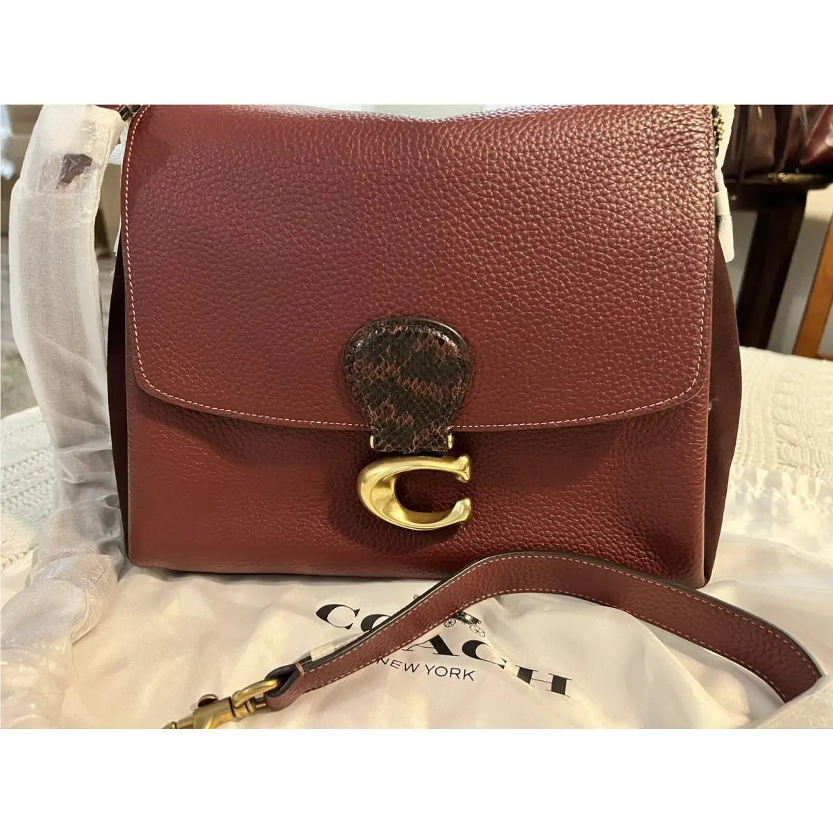 Coach 4612 May Shoulder Bag with Snakeskin Detail - Brass/wine
