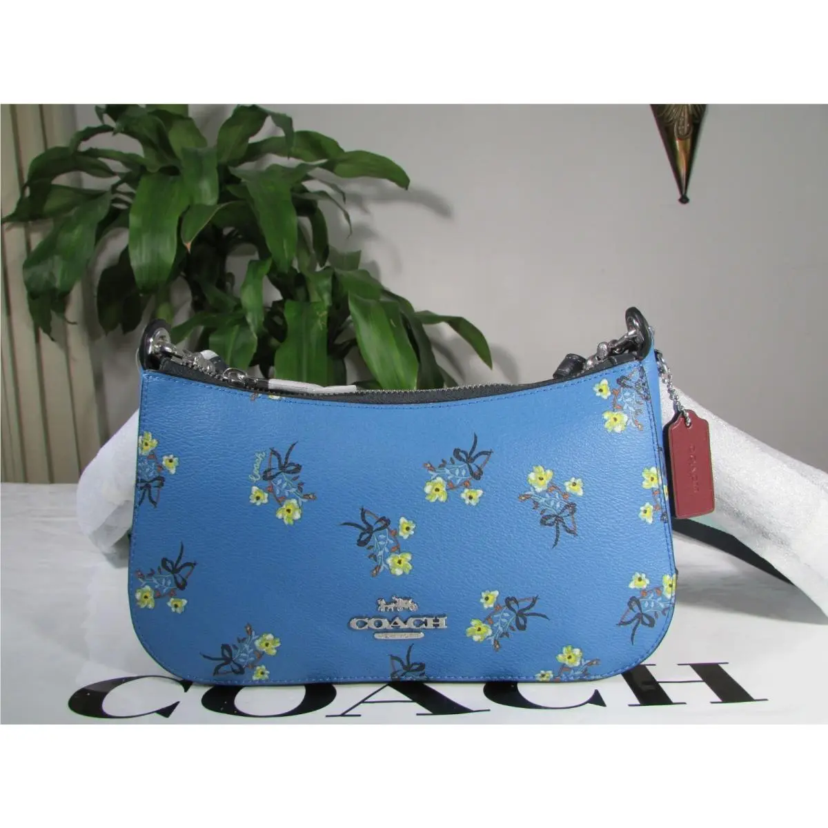 Coach Canvas Floral Bow Print Jes Baguette Crossbody C6821 Blue Multi