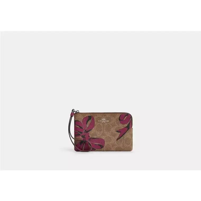 Coach Corner Zip Wristlet CZ440 Tan Printed Coated Canvas Pink Bows