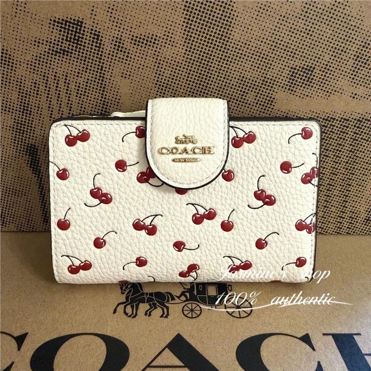 Coach Medium Corner Zip Wallet Cherry Print Pebble Leather CFA19 Chalk Multi