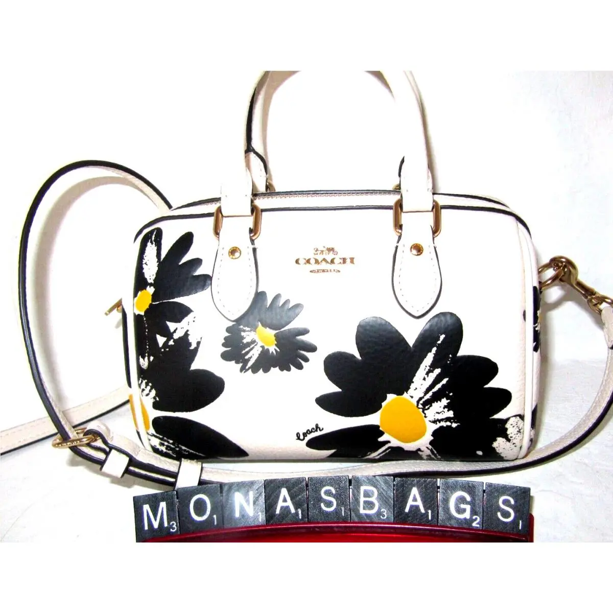 Coach CZ597 Mini Rowan Satchel Crossbody Chalk Leather Black Flowers