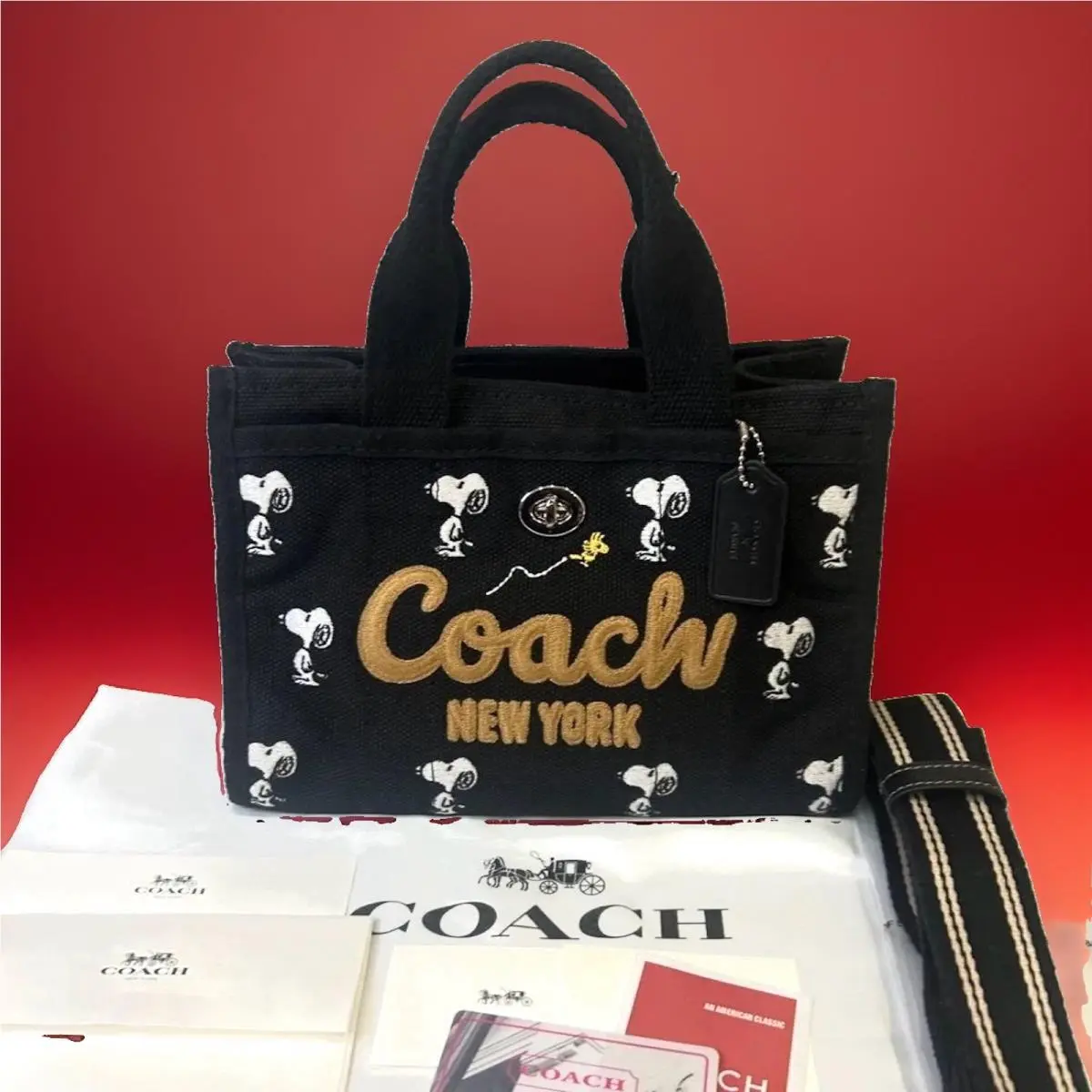 Coach × Peanuts Cargo Tote Bag Snoopy Print Black Sporty Fun Two Way Crossbody