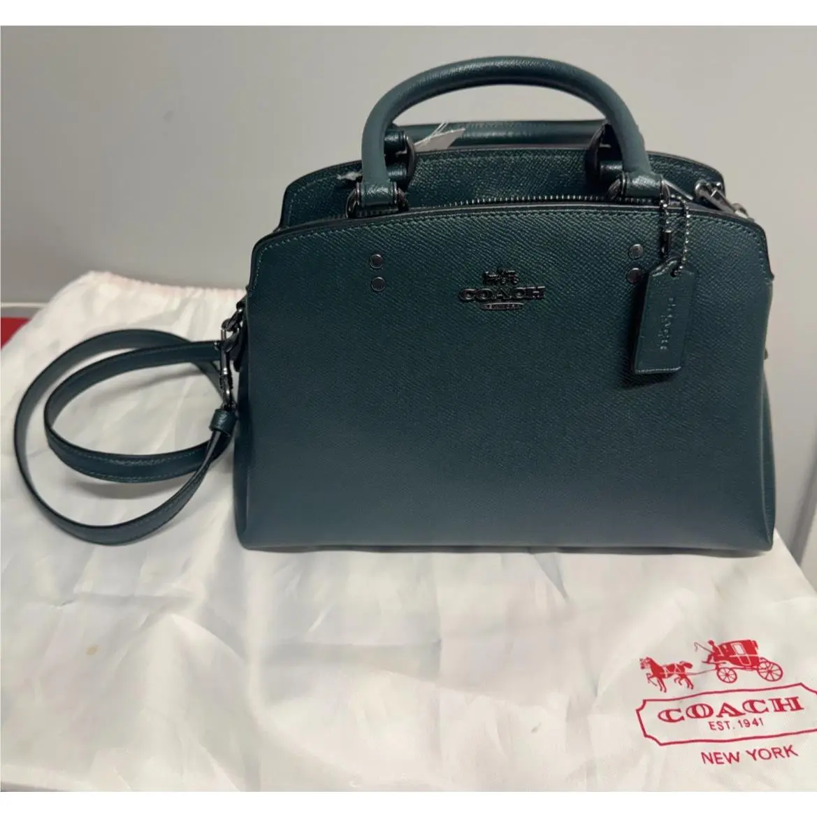 Coach Purse Bag Mini Lillie Carryall Xgn Lth Crossgrain Forest Green W/ Dust Bag