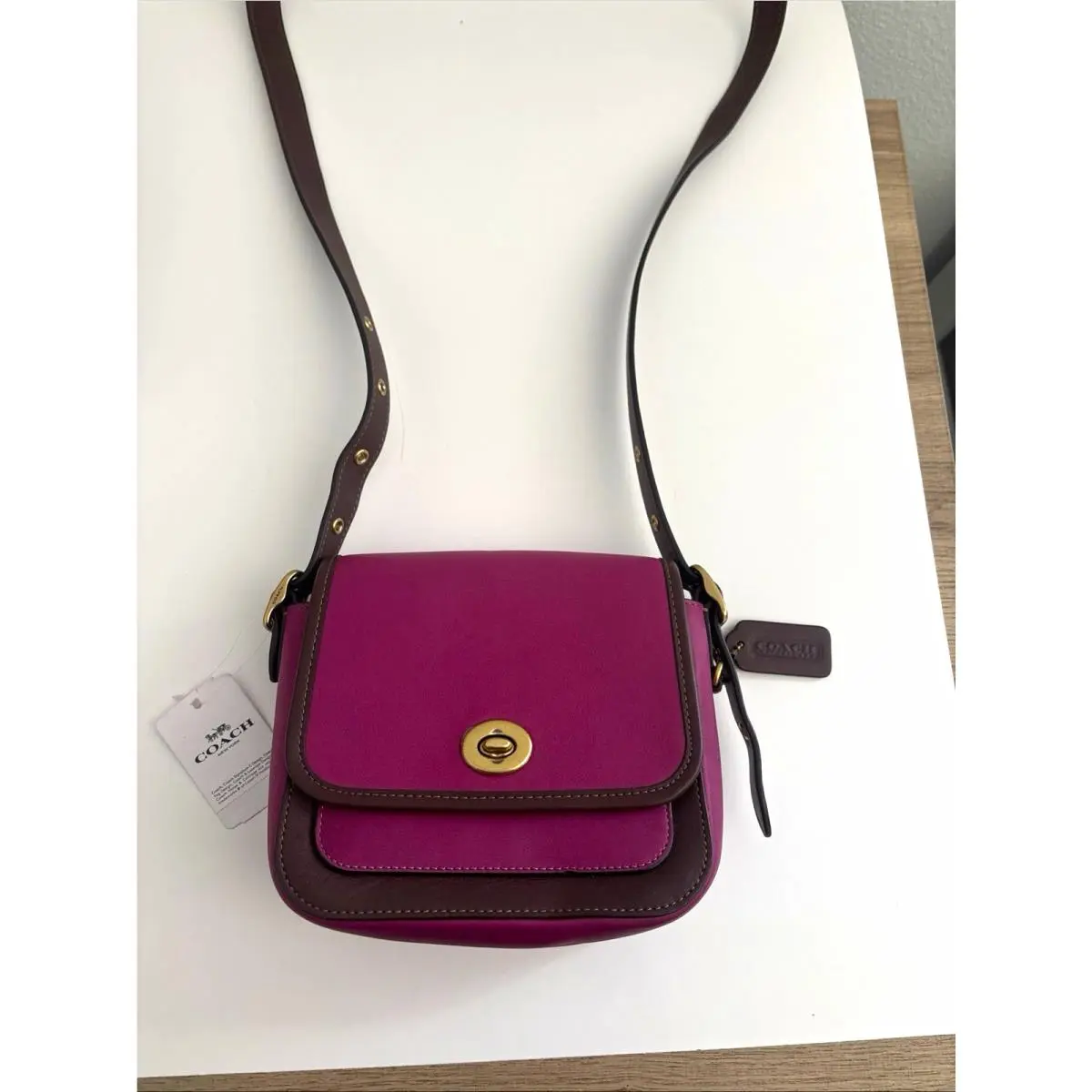 Coach Colorblock Crossbody Bag Purple Brown Gold Turn Lock Adjustable Strap
