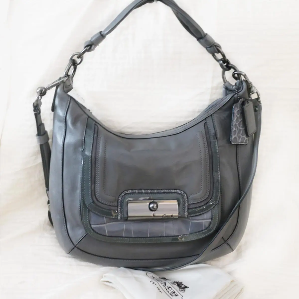 Coach Kristin Spectator Croc Leather Shoulder Hobo Bag Purse Gray
