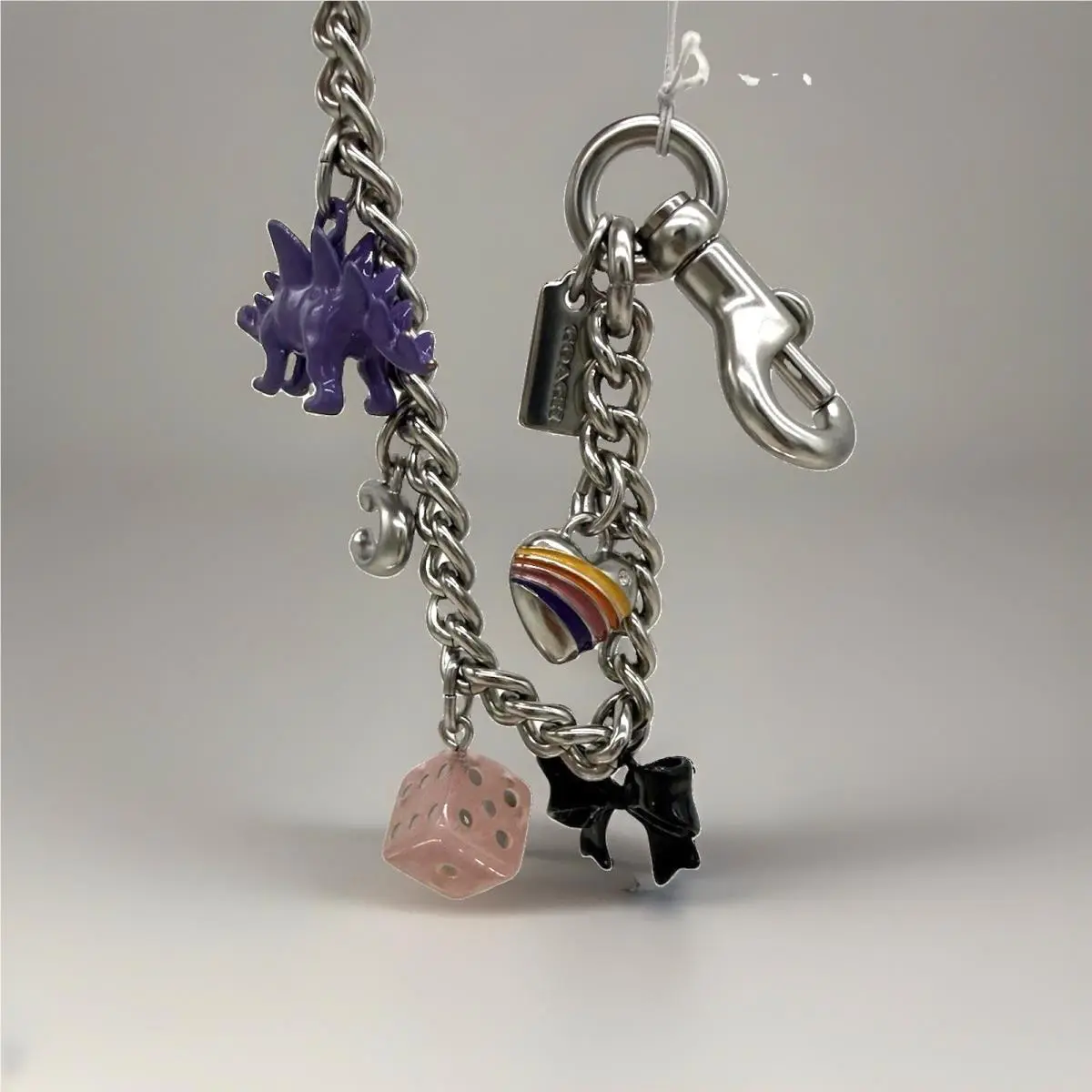 Coach Motif Dice Dino Black Bow Coach Logo Chain Bag Charm
