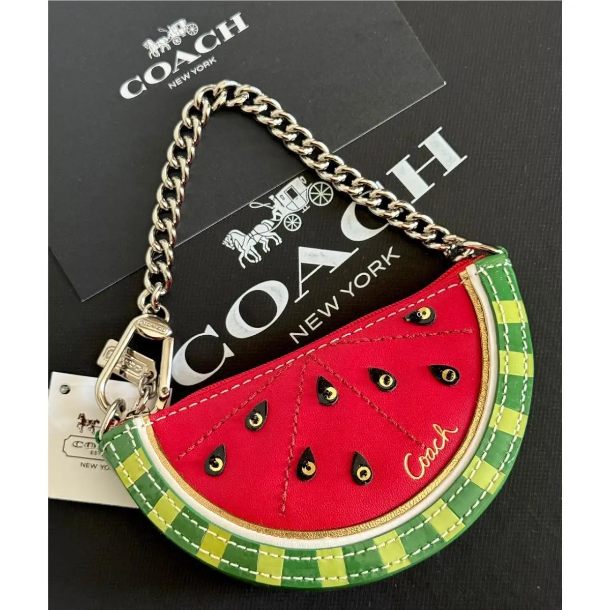 Coach Watermelon Leather Pouch Chain Charm Wristlet Coin Purse Y2K