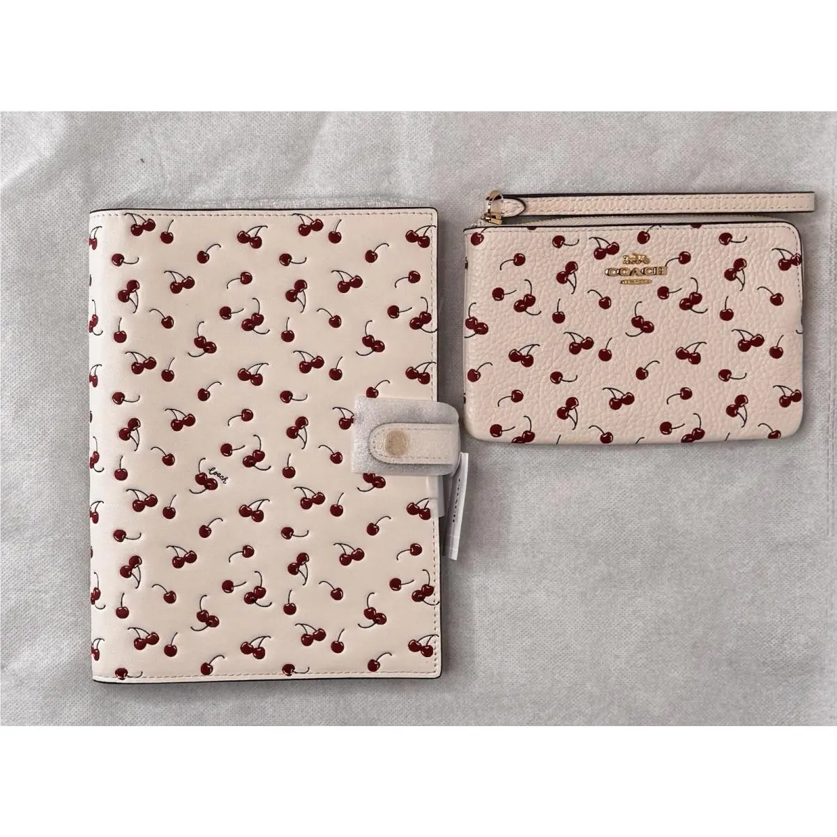 Coach Notebook with Cherry Print Leather Chalk Red CFA44 Matching Wristlet