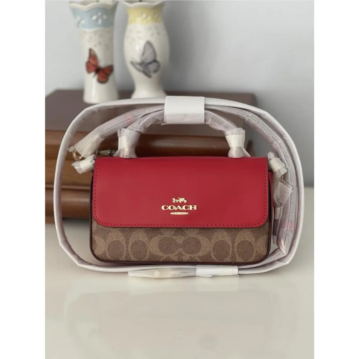 Coach Mini Josie Top Handle Bag IN Signature Canvas In Carnation/tan Red