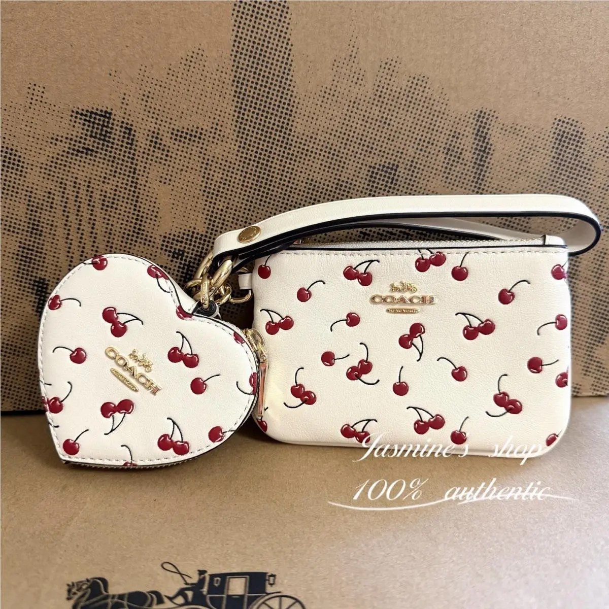 Coach Wristlet and Heart Pouch with Cherry Print and Charm ceo36