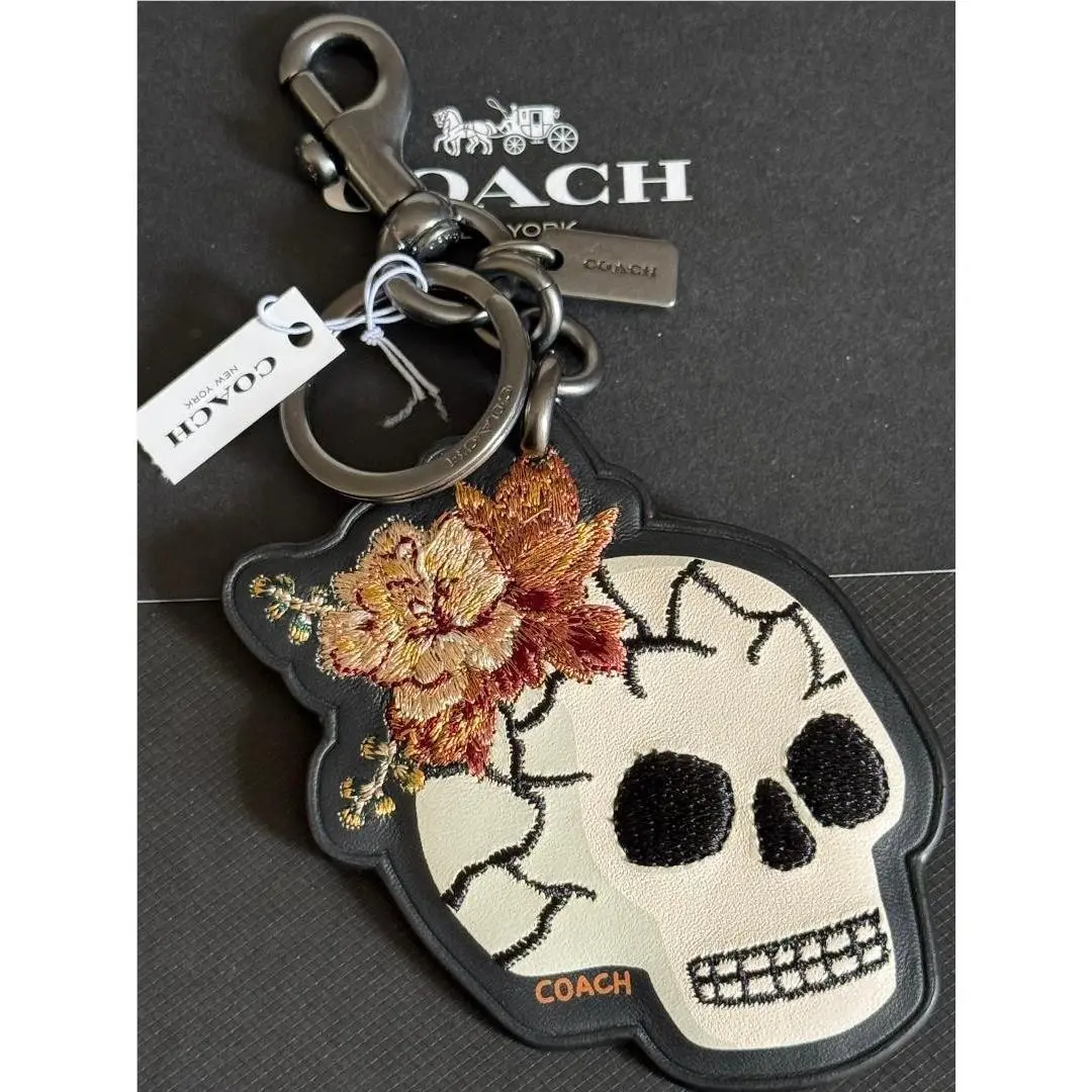 Coach Skull Leather Bouquet Embroidered Leather Bag Charm Keychain Fob 32697