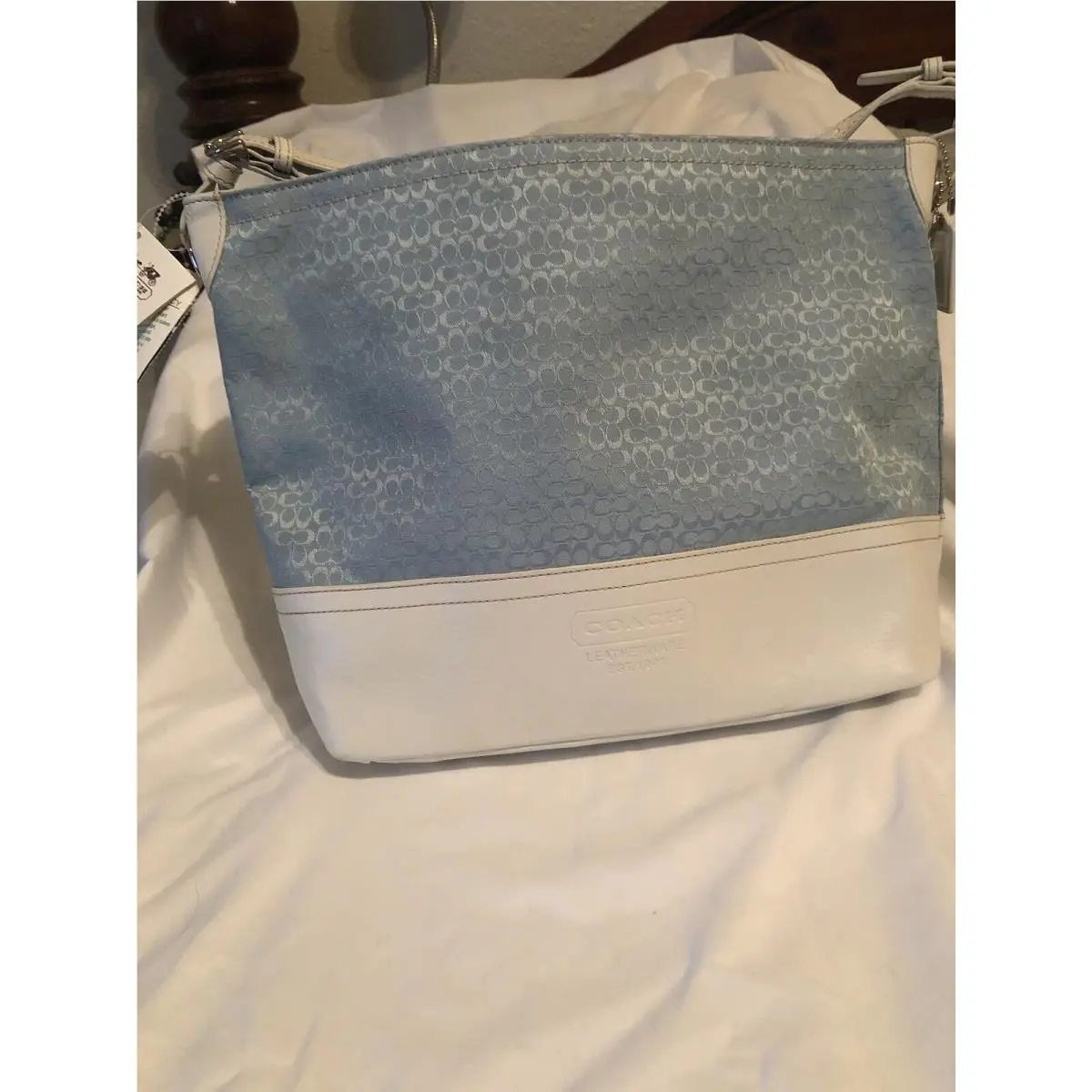 Coach White Light Blue Leather Jacquard Large Tote