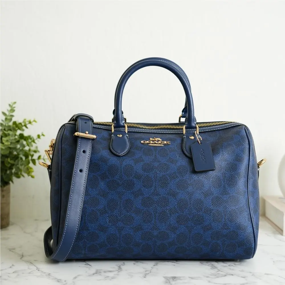 Coach CEY74 Rowan Large Satchel Bag In Signature Canvas Gold/navy