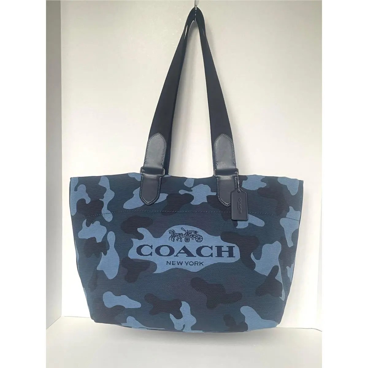 Coach Tour Tote CDQ74 Small Blue Black Camo Canvas Leather Shoulder Bag