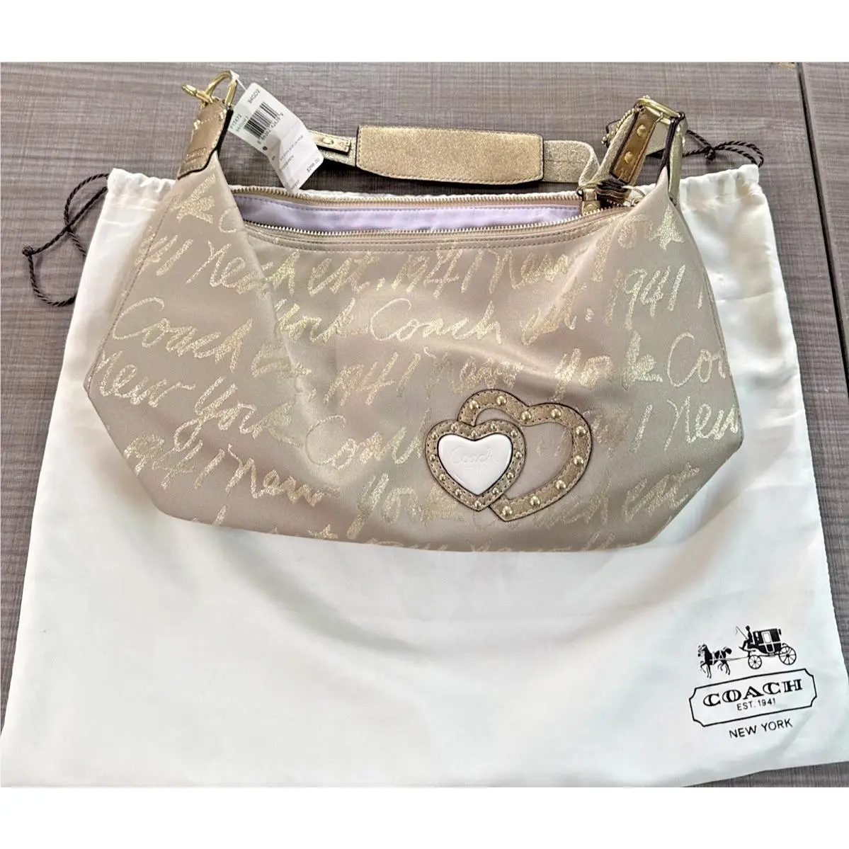 Coach Poppy F17472 Lurex Script Hobo Bag Heart Y2K Metallic Shoulder Purse
