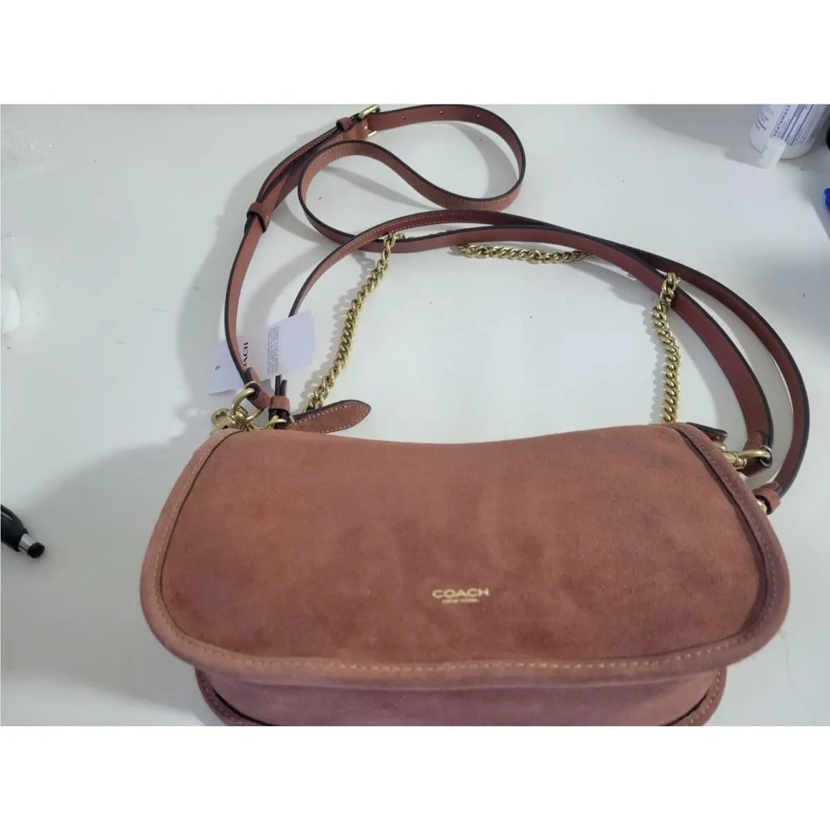 Coach Waverly Bag Shoulder Crossbody Bag w/ Chain Suede CDD78 Clay Brown