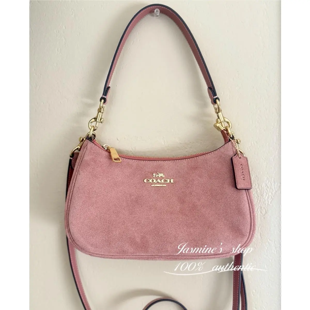 Coach Teri Shoulder Bag CFG06 Gold/blush Pink Suede and Smooth Leather