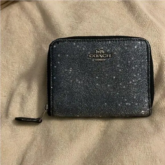 Coach Small Zip Around Wallet with Star Glitter Midnight Blue Money Wedding