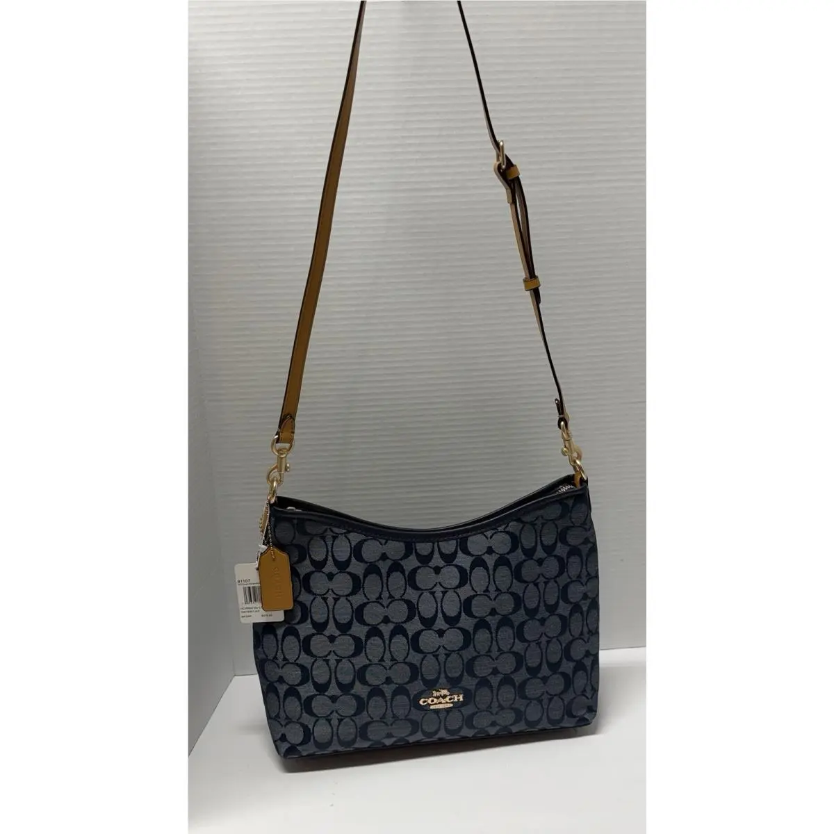Coach Blue Sig Denim Jacqrd Mngrm Tan Lthr Trm Ros Gld Hrdwre Adj Xbdy Strap