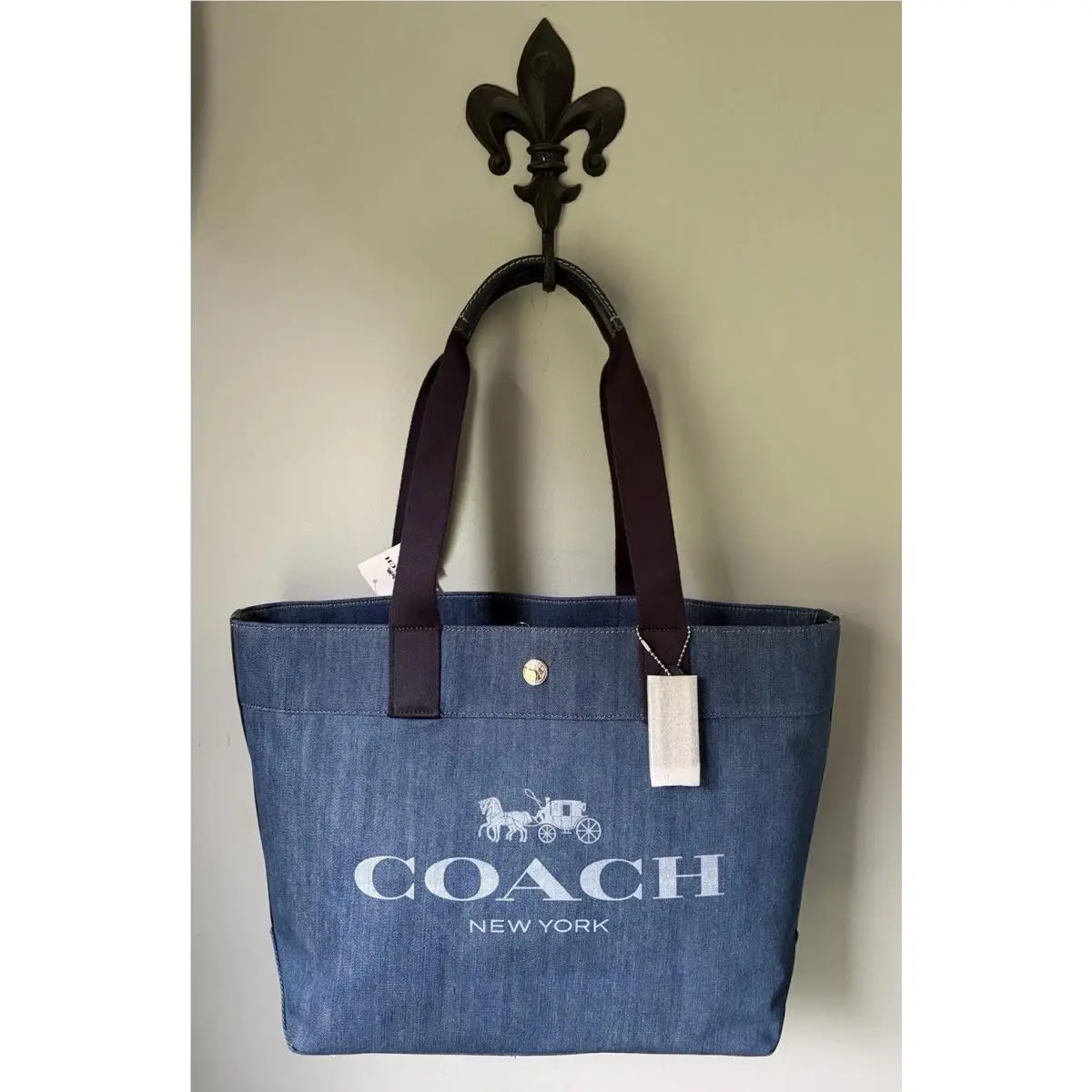 Coach Blue Denim/leather Horse Carriage Denim/pink Floral Interior Tote F67415