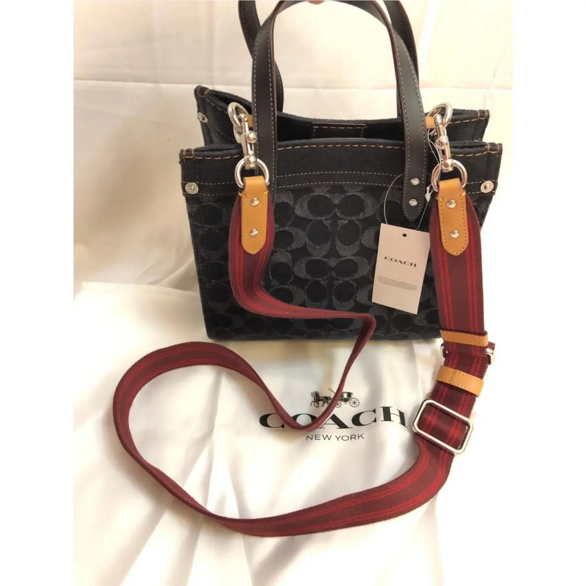 Coach Black Denim Signature Fld Purse Bag Small Tote Crossbody Red Strap