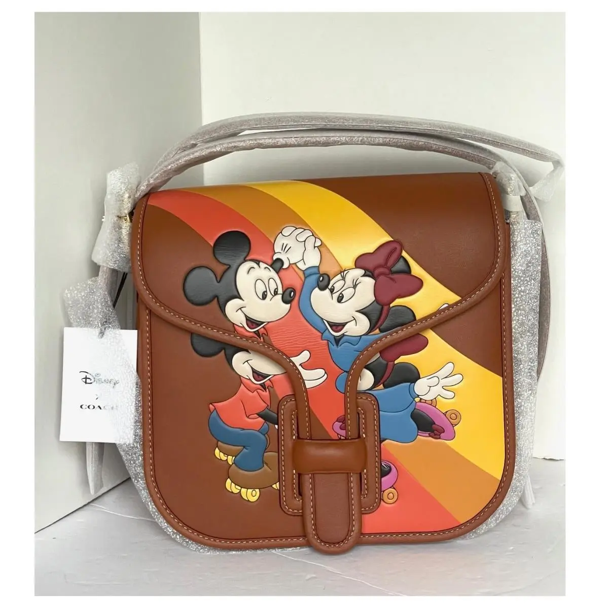 Disney Coach Courier Bag CQ801 Mickey Minnie Roller Skate Brown Leather Shoulder