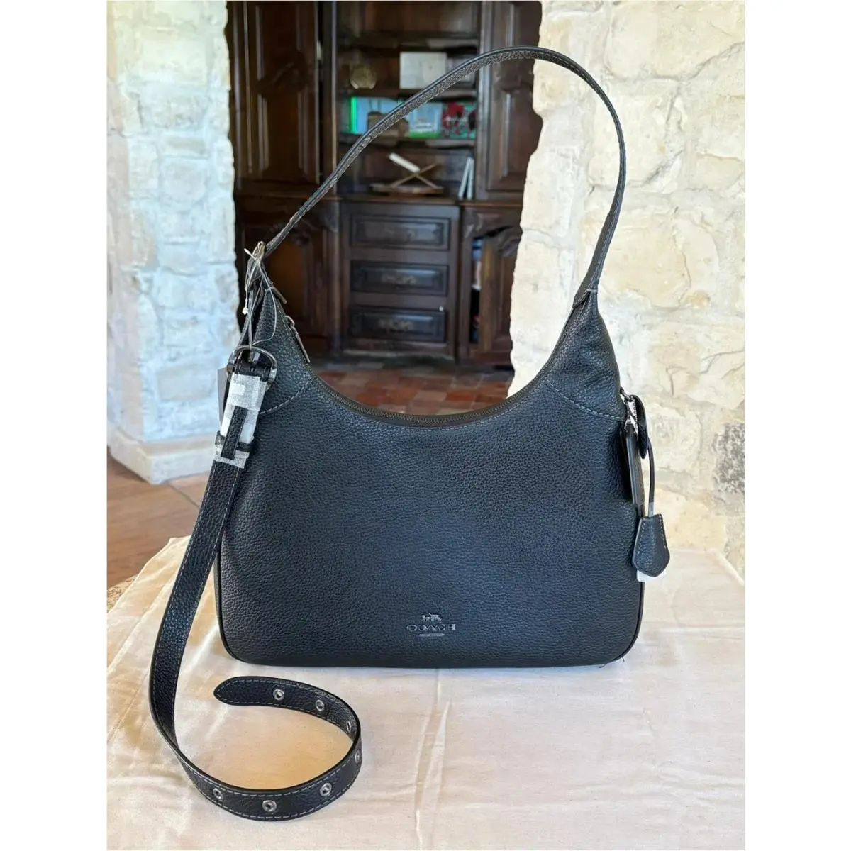 Coach Ella Pebble Leather Shoulder Bag Hobo Crossbody Slouchy Black CCE47