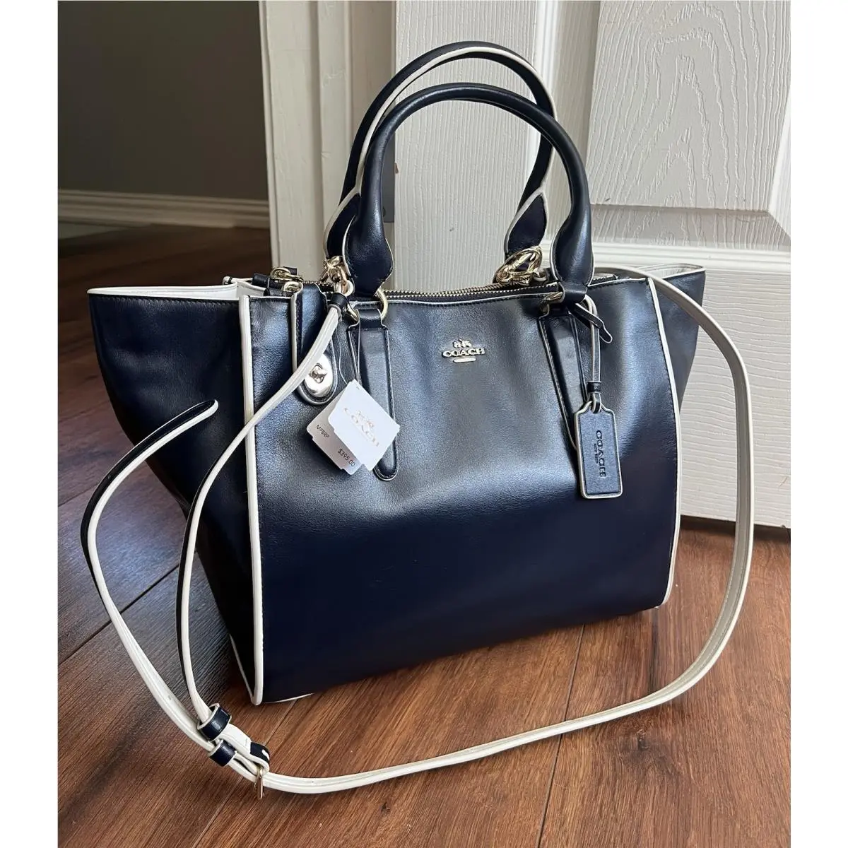 Coach Crosby Navy White Leather Contrast Large Carryall Tote Bag