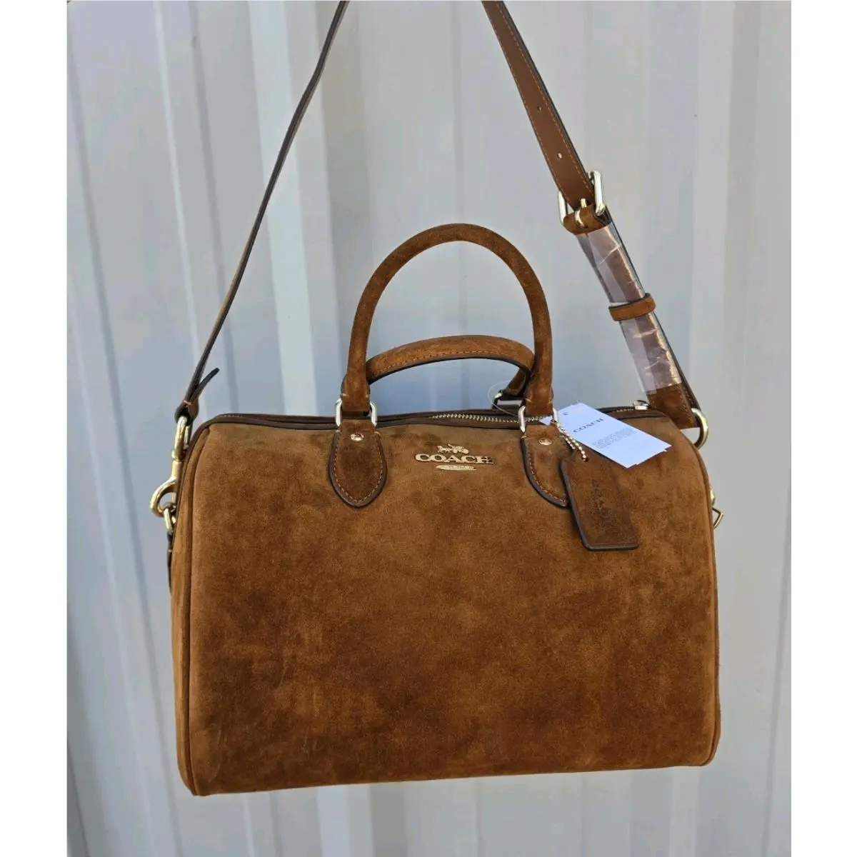 Coach Rowan Large Satchel Suede Smooth Leather Gold Warm Brown CET42