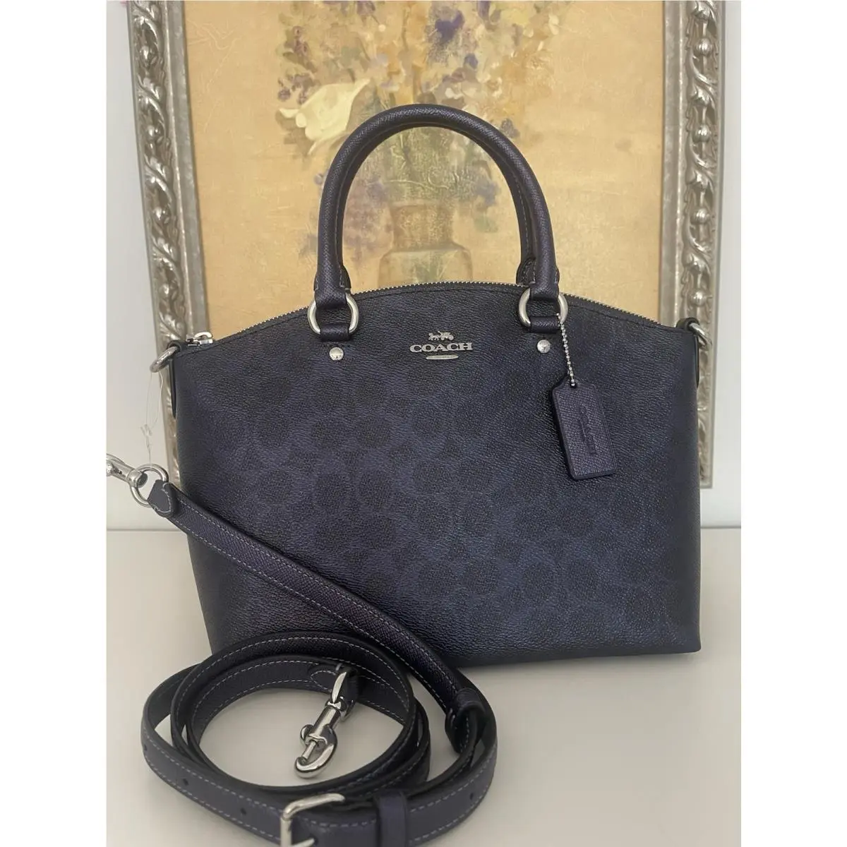 Coach Sadie Satchel Bag Handbag in Signature Canvas Silver Blue CCM71