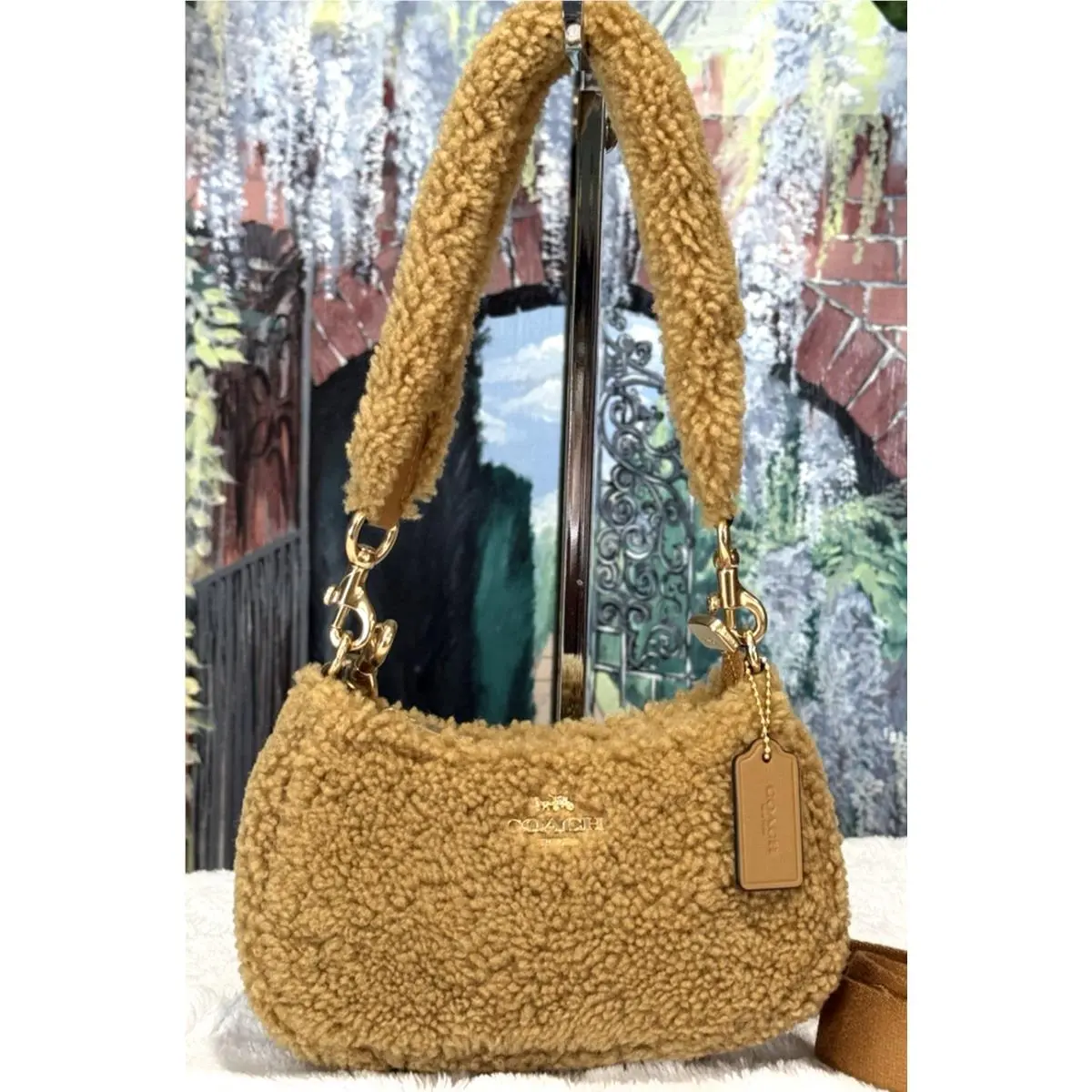 Coach Teri Mini CDA84 Shoulder X-body Bag Dark Natural Honey Brown Shearling