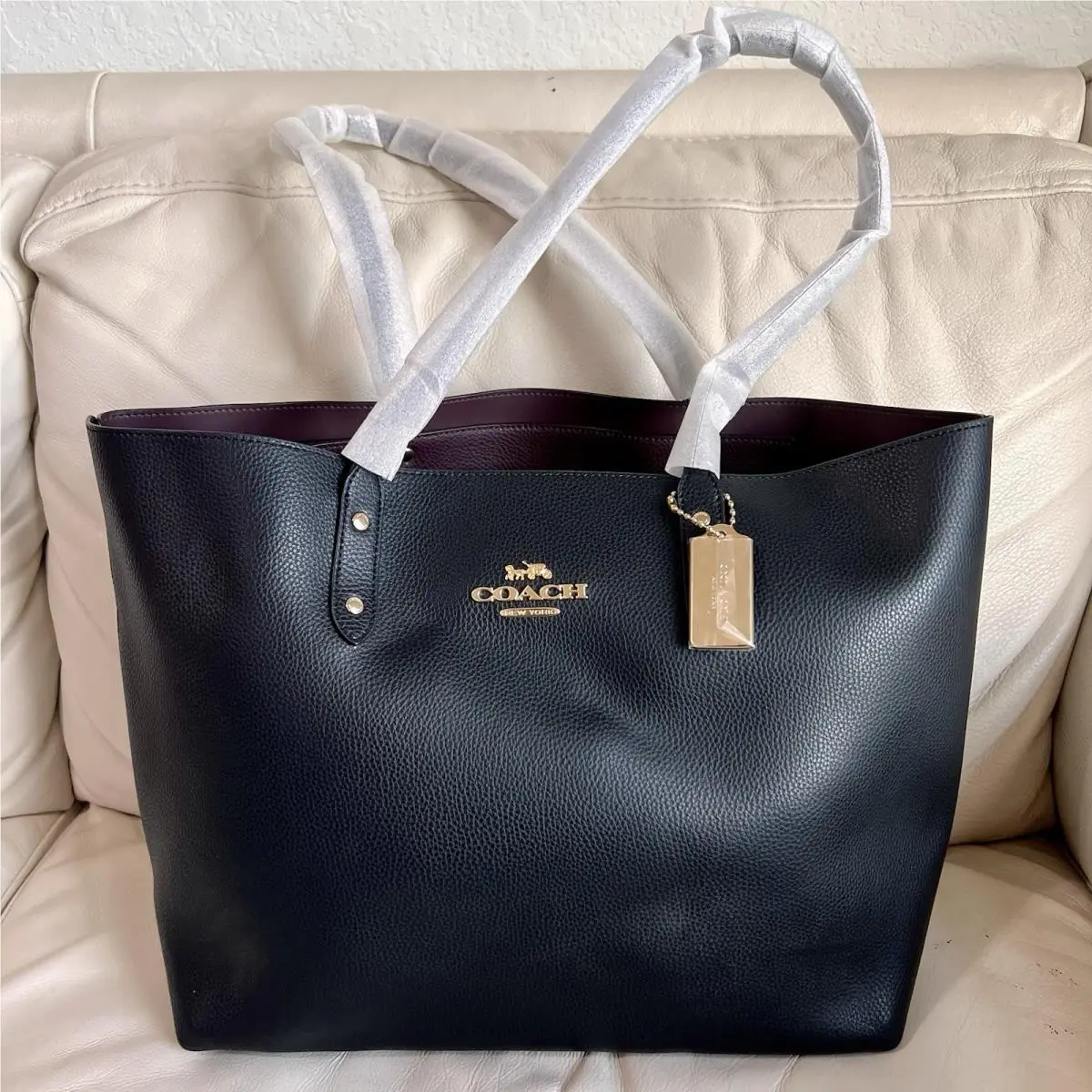 Coach Black Leather Town Tote with Burgundy Interior and Gold Hardware