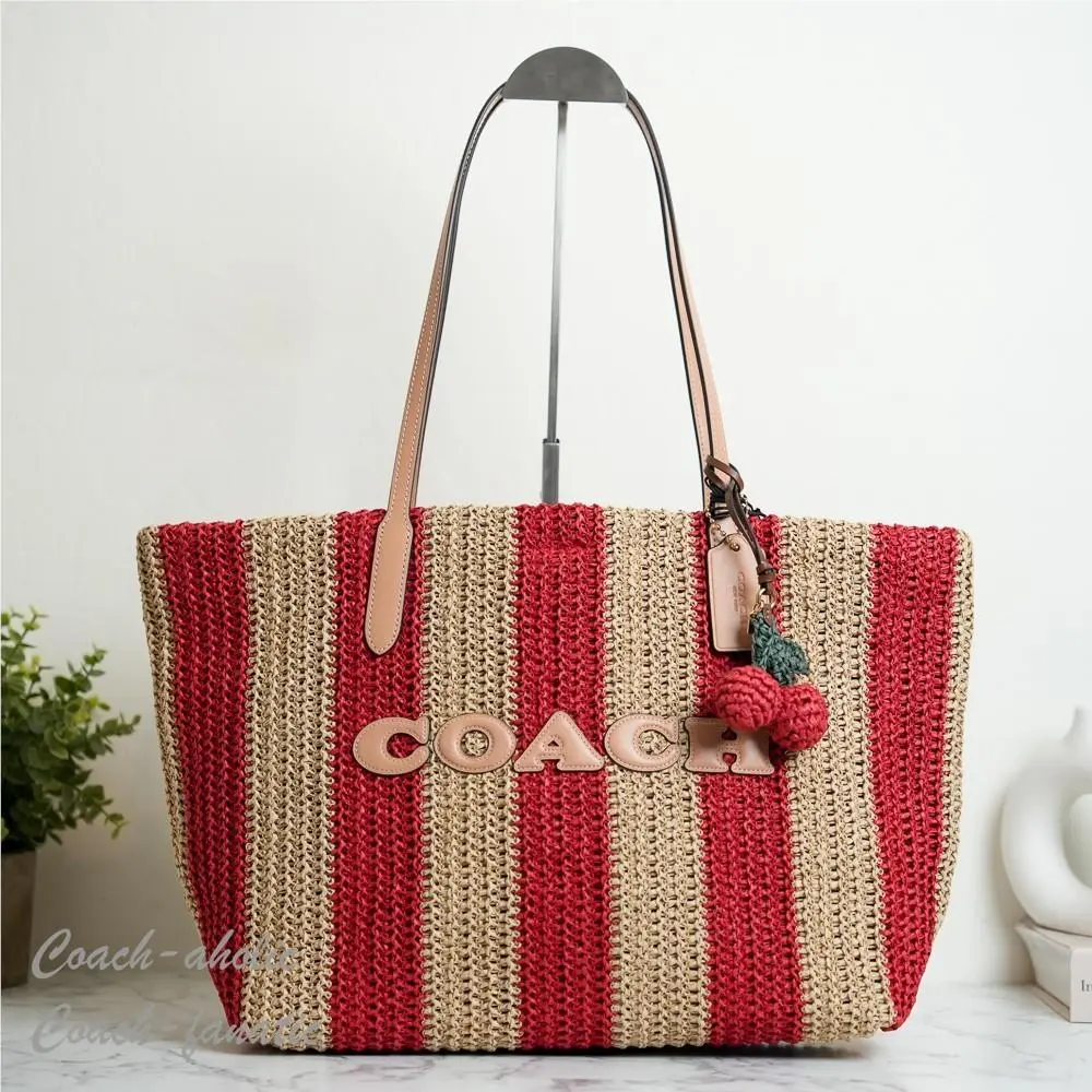 Coach CER30 City Tote Bag with Stripes and Charm Straw/gold/red/tan