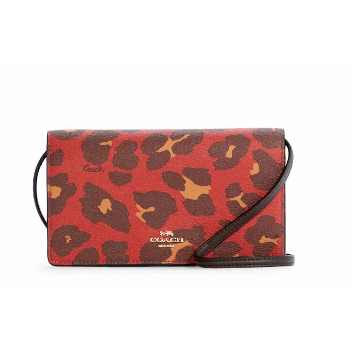 Anna Foldover Crossbody Clutch Leopard Print Bright Poppy by Coach