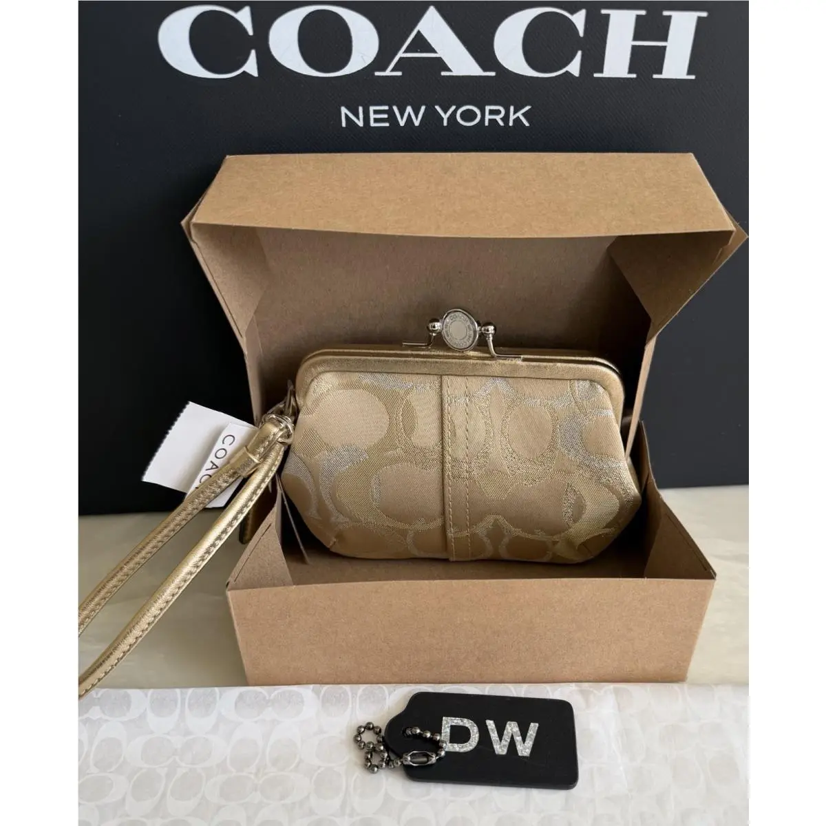Coach Madison Double Kisslock Frame Silver/khaki Lurex Coin Purse 40237 Box