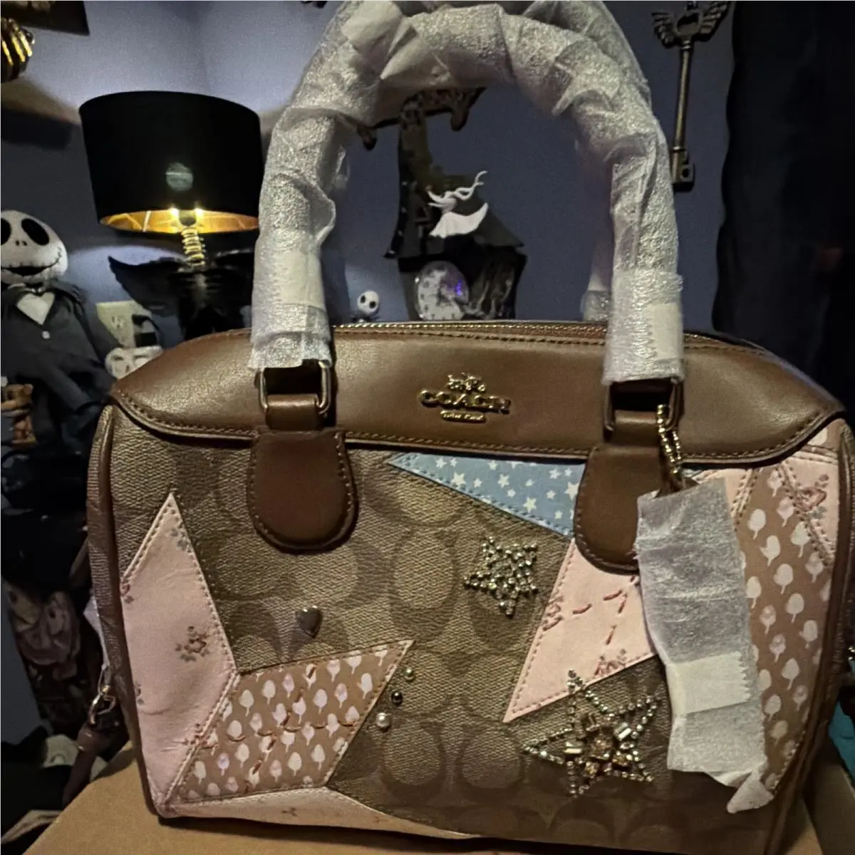 Coach Brown Logo Star Patchwork Satchel Top Handle Zip Rhinestone Studs
