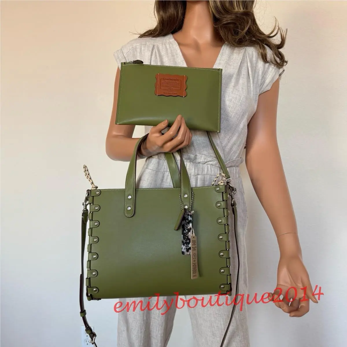Coach CO667 Re Laceable Tote Coachtopia Leather Zip Pouch Bag Olive Green
