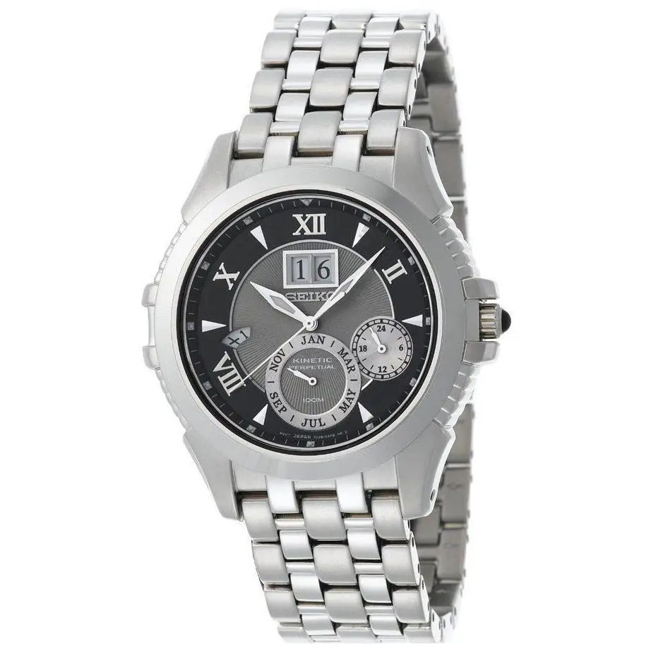 Seiko Men`s Le Grand Sport Kinetic Perpetual Watch SNP027 - Dial: Black, Band: Silver, Bezel: Silver
