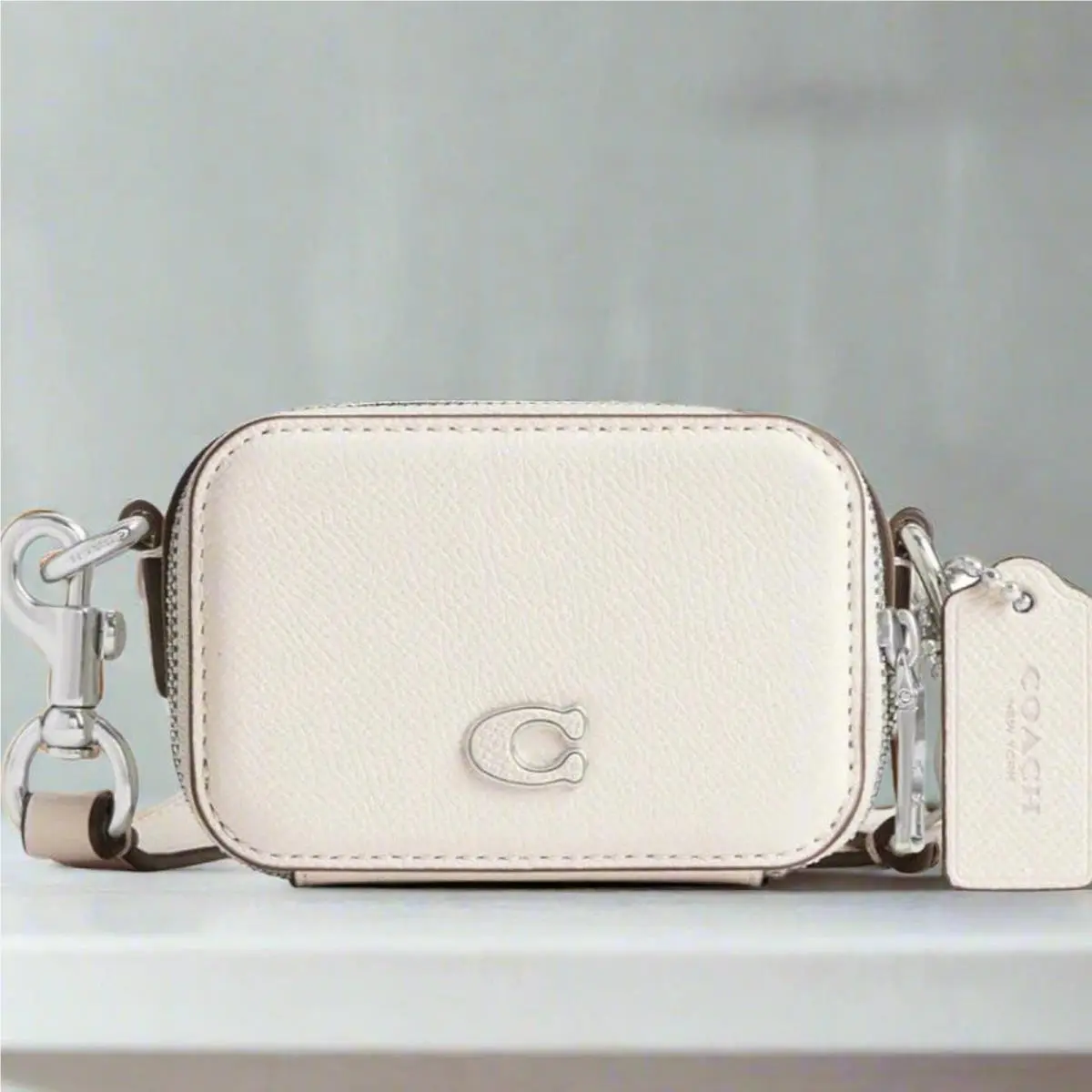 Coach Mini Crossbody Pouch CP271 White Crossgrain Leather Earbuds Case