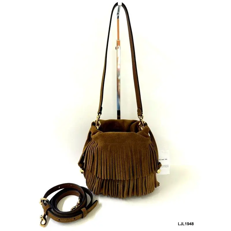 Coach Faye Mini Suede Fringe Drawstring Crossbody Bag Cedar Brown CFP28