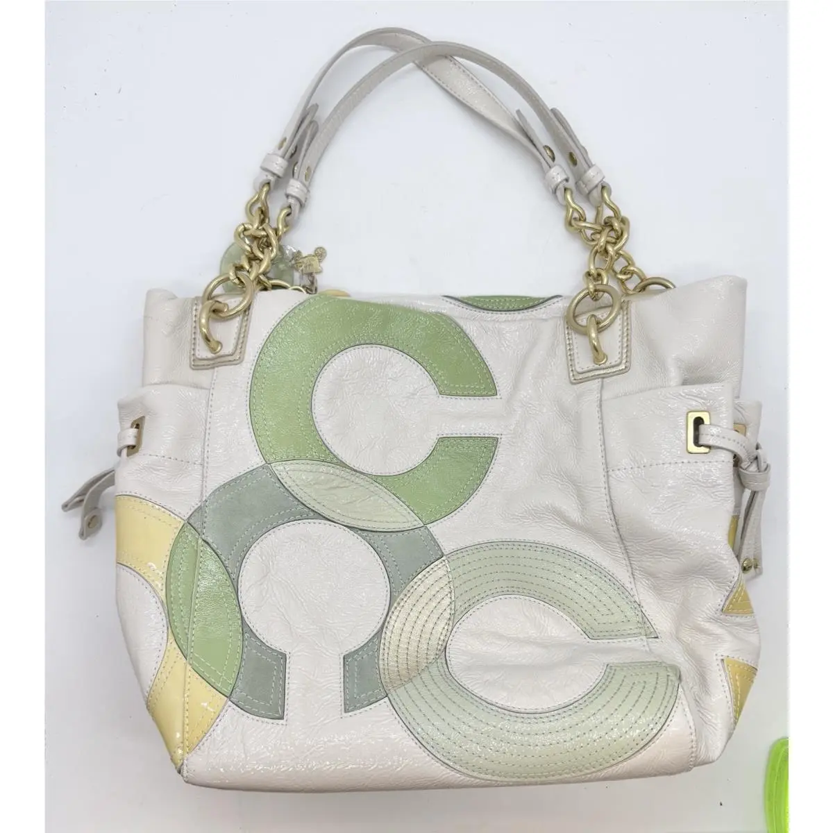 Coach Peyton Inlaid “c” Purse Tote Bag Green Patent Leather Charms