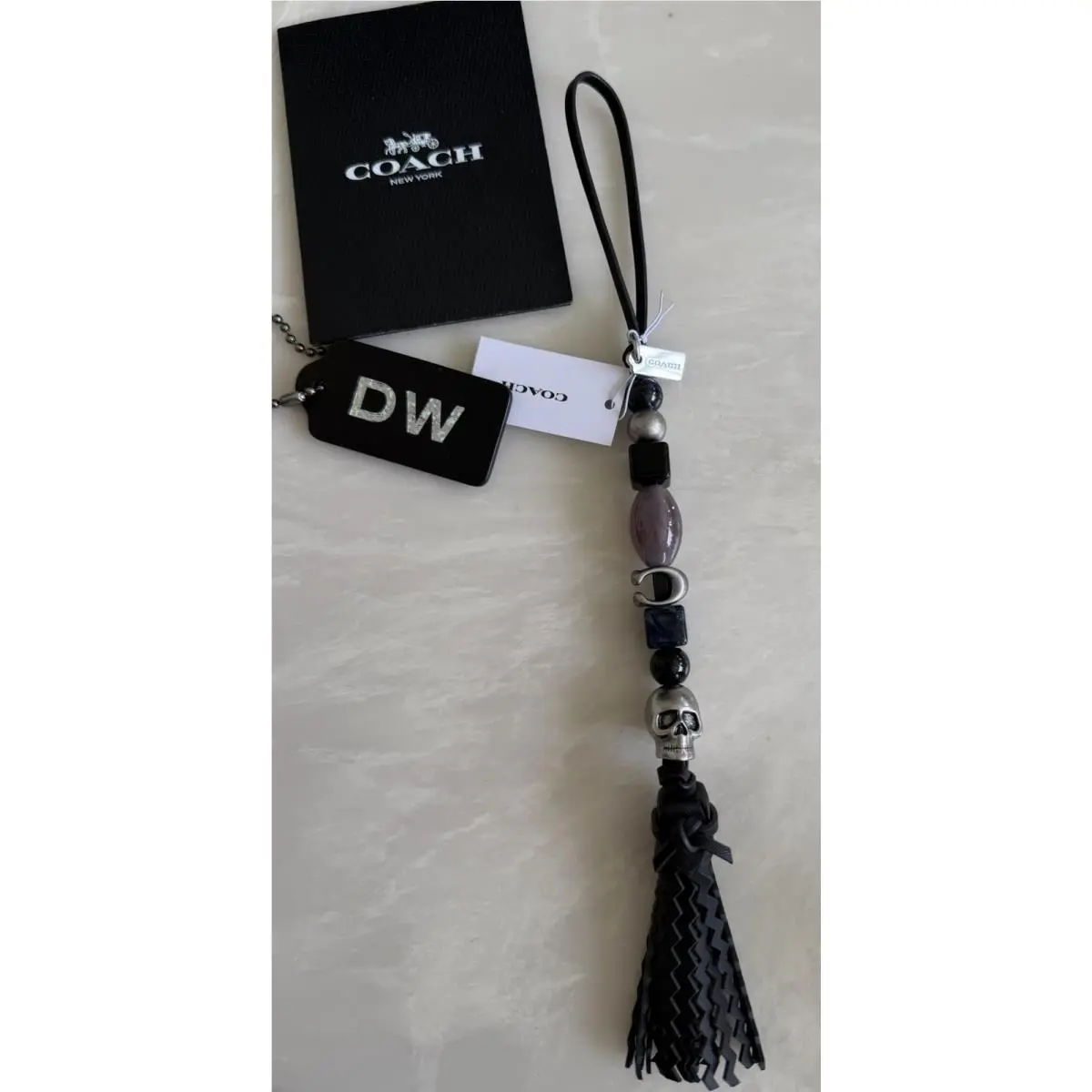 Coach Skull Bohemian Beaded Tassel Black Bag Charm CEP41