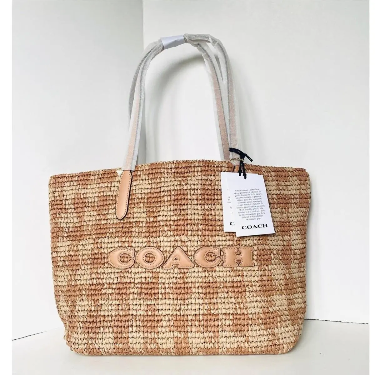 Coach City Tote Bag CES22 Large Gold Tan Gingham Woven Straw Leather Carryall