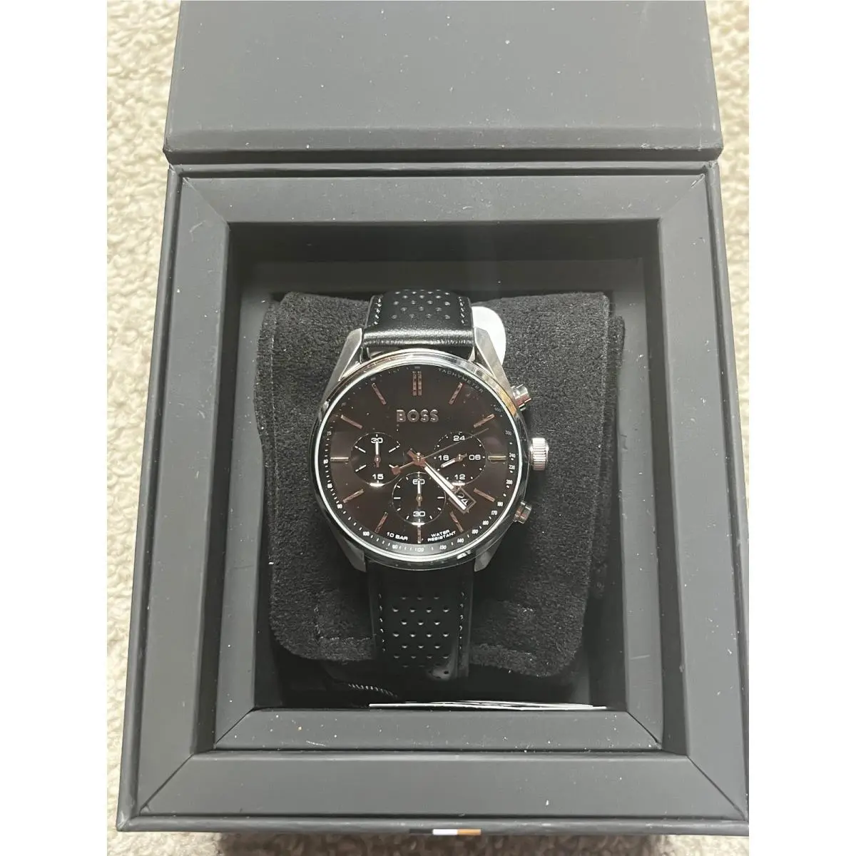 Hugo Boss Watch Chronograph Champion 44mm Black Leather Strap Mens