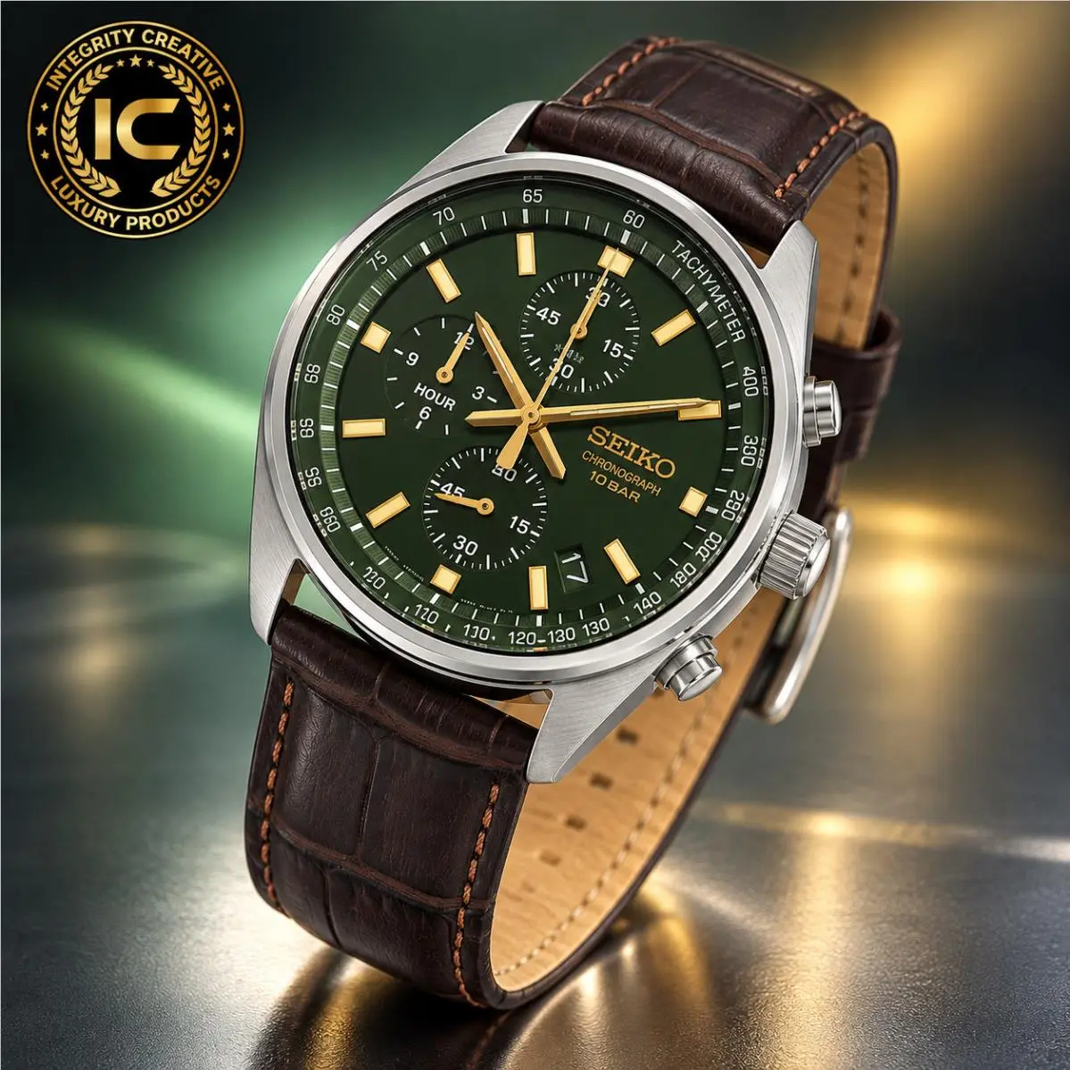 Men`s Seiko 42MM Quartz Watch Green Dial Brown Leather Band Strap Silver Case
